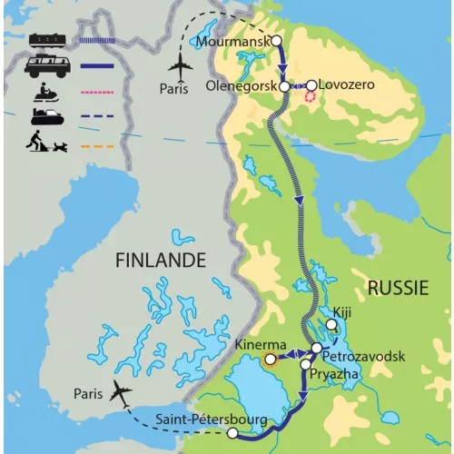 Carte de l'itinéraire : Voyage de reconnaissance : de Mourmansk à la Carélie