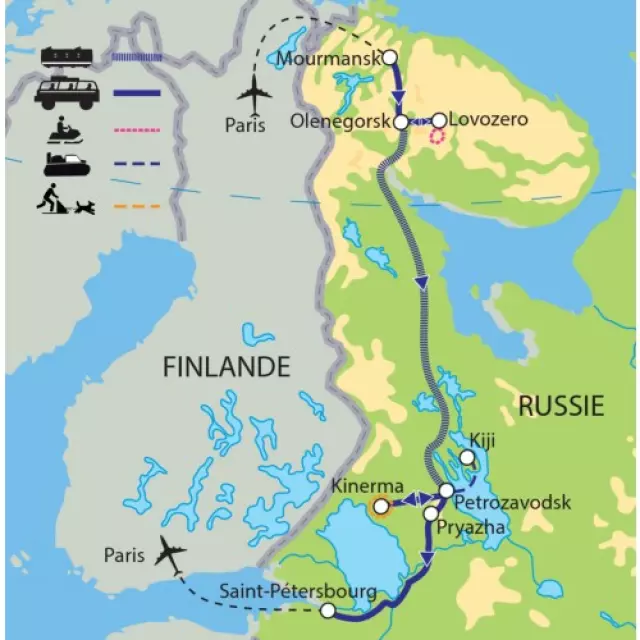 Carte de l'itinéraire : Voyage de reconnaissance : de Mourmansk à la Carélie