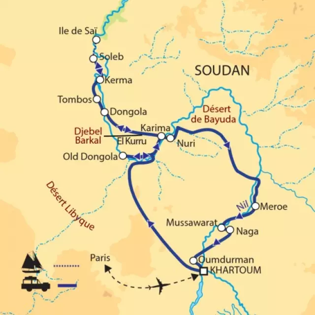Carte de l'itinéraire : Royaumes antiques et déserts de nubie