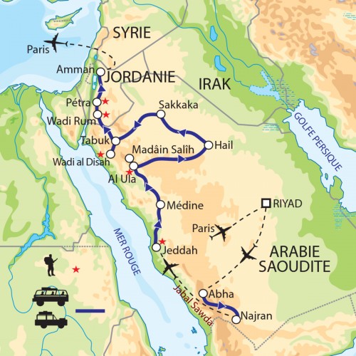 Carte : Arabie saoudite Jordanie - Routes nabatéennes : de l’Arabie Heureuse à l’Arabie Pétrée