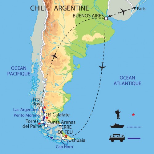 Carte : Argentine Chili - Exploration des terres et côtes australes 