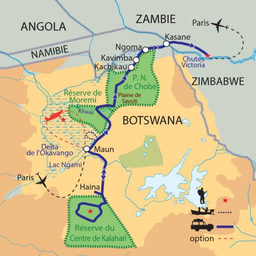 Carte : Botswana - Désert du Kalahari et delta de l'Okavango