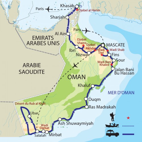 Carte : Oman - Grande traversée du Sultanat d'Oman : de la mer d'Arabie au détroit d'Ormuz
